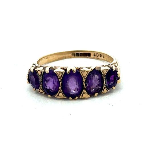 9ct yellow gold amethyst ring in size N by Reeves and Sons, featuring a vibrant purple gemstone and elegant gold band.