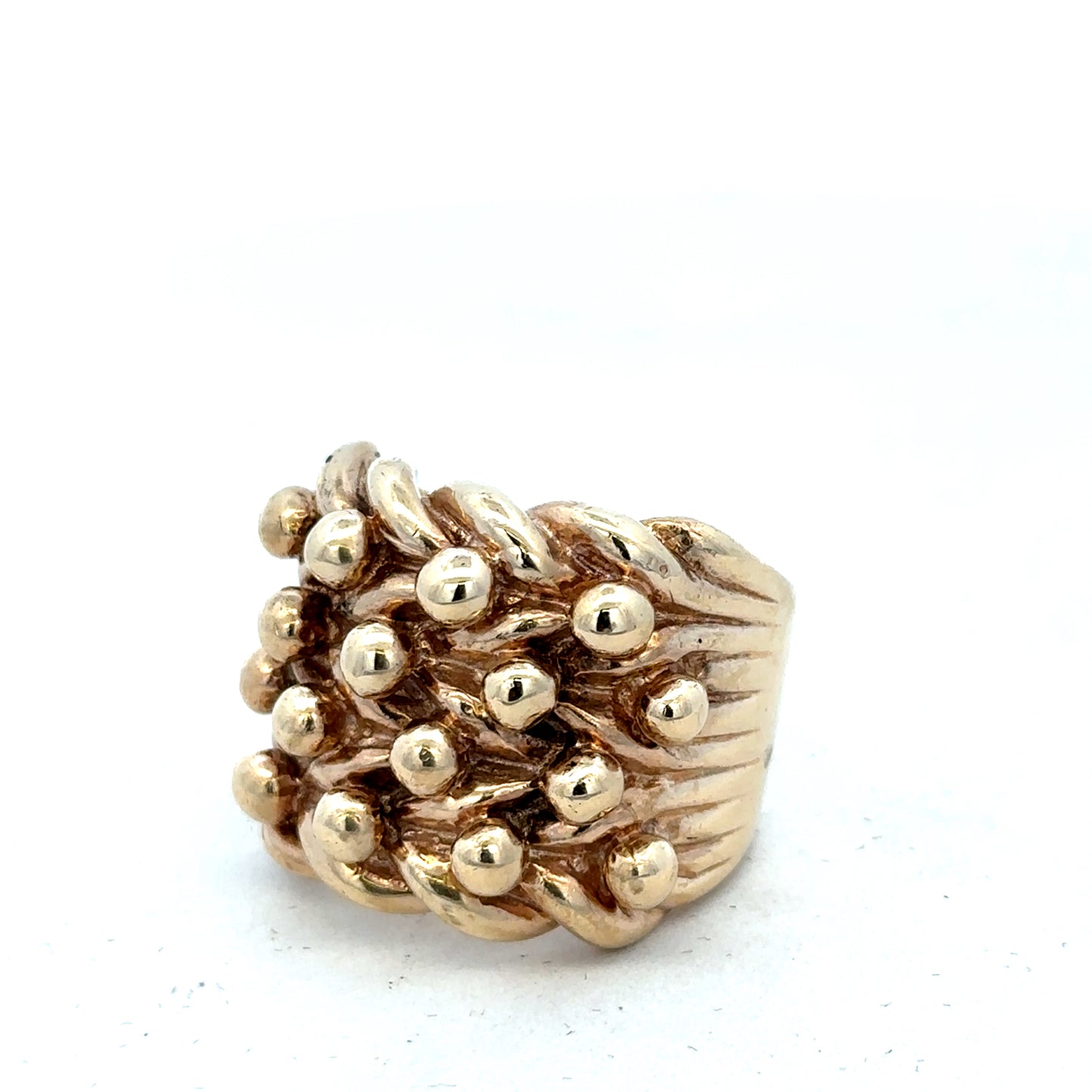 9ct yellow gold keeper ring in size Y with engraved design, crafted by Reeves and Sons.