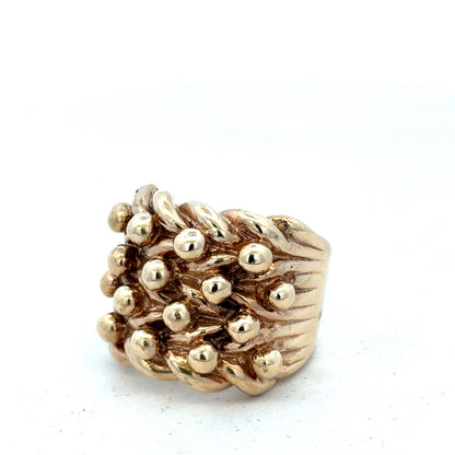 9ct yellow gold keeper ring in size Y with engraved design, crafted by Reeves and Sons.