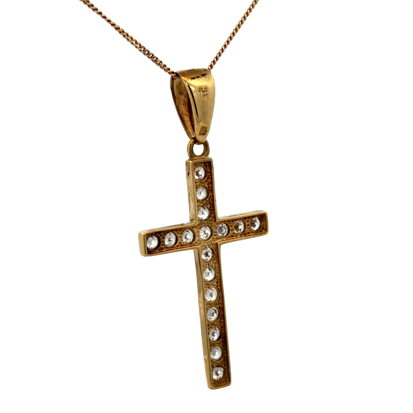 9ct yellow gold cross pendant weighing 4.6g, Reeves and Sons, with detailed design visible in the image.