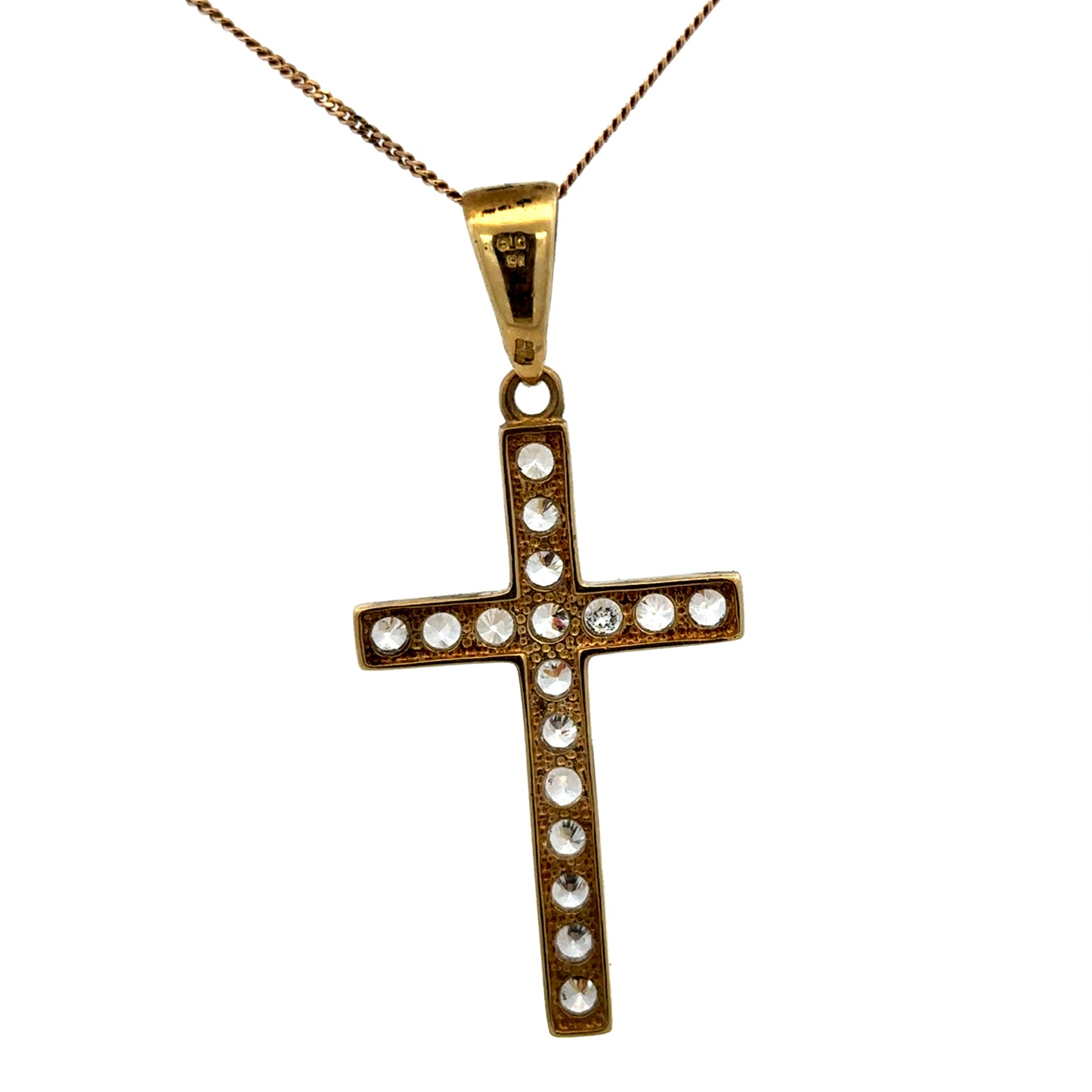 9ct yellow gold cross pendant weighing 4.6g, Reeves and Sons jewelry, detailed design, shown close-up on plain background.