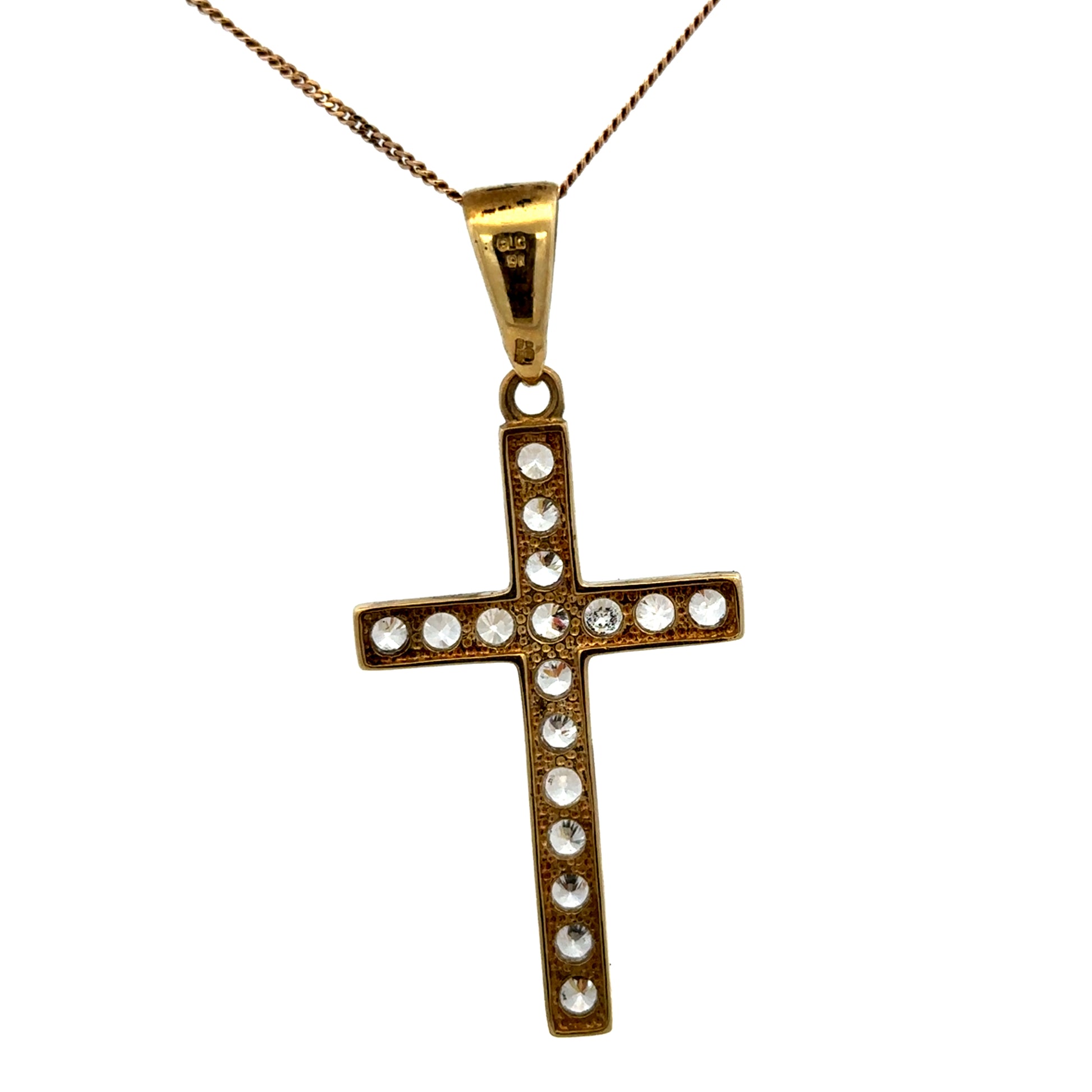 9ct yellow gold cross pendant weighing 4.6g, Reeves and Sons jewelry, detailed design, shown close-up on plain background.