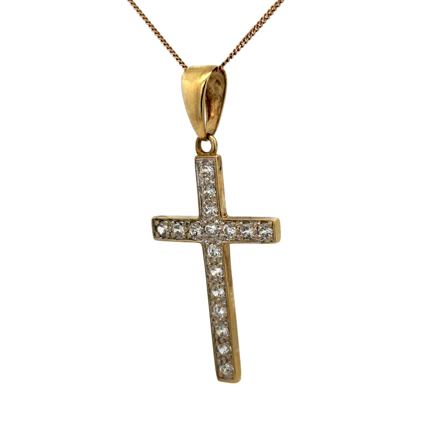 9ct yellow gold cross pendant weighing 4.6g, crafted by Reeves and Sons, displayed on a neutral background.