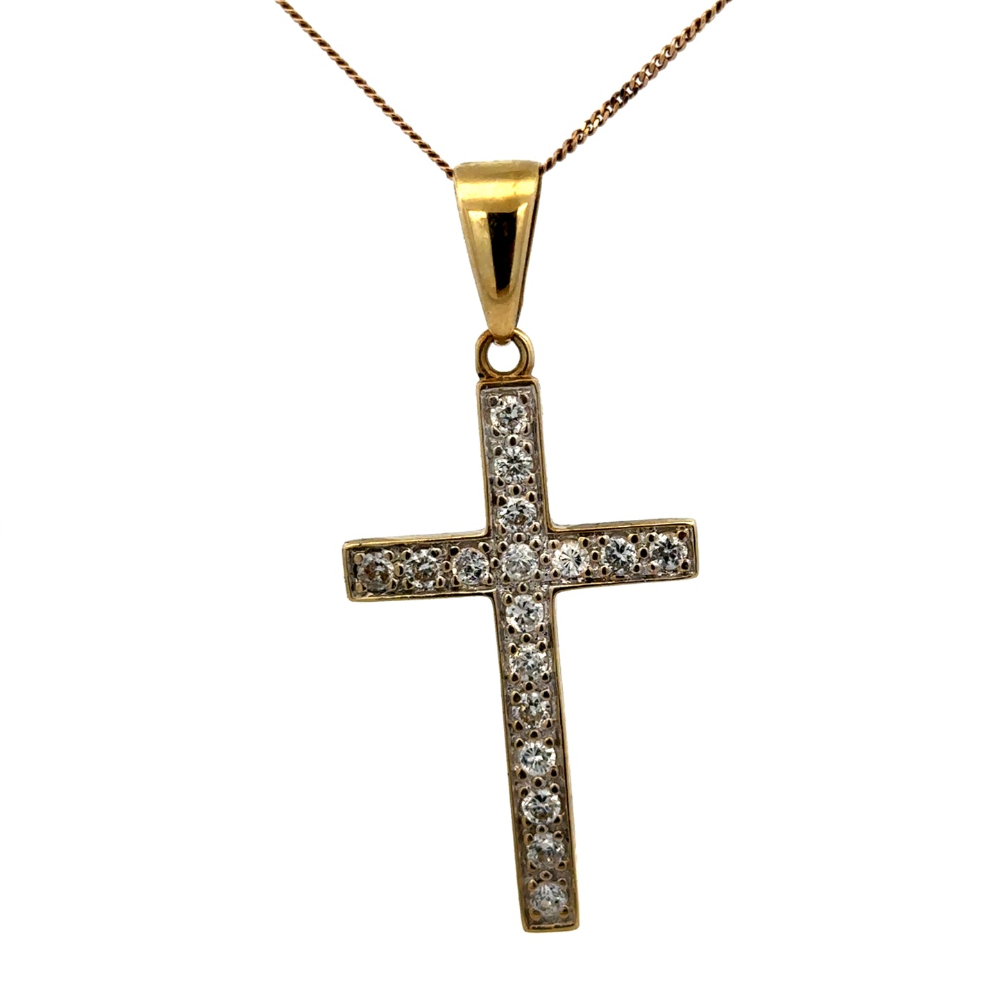 9ct yellow gold cross pendant weighing 4.6g, designed by Reeves and Sons, featuring a classic religious jewelry style.