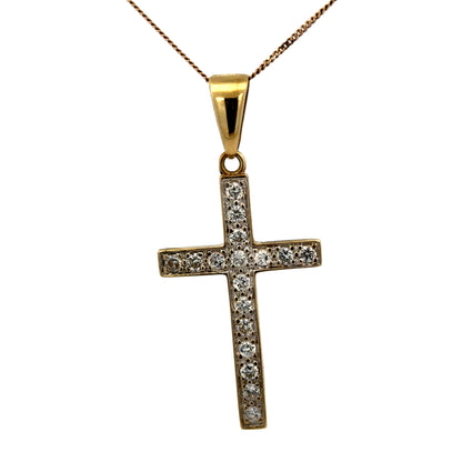 9ct yellow gold cross pendant weighing 4.6g, designed by Reeves and Sons, featuring a classic religious jewelry style.