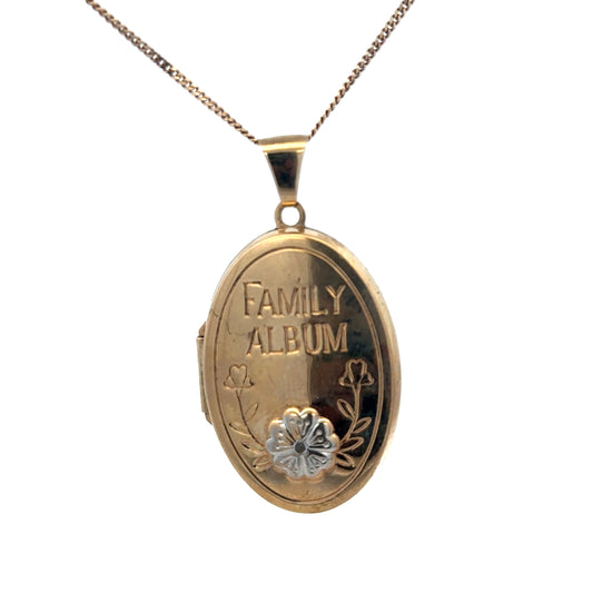 9ct yellow gold locket pendant by Reeves and Sons, featuring intricate design, weight 5.8g, displayed on a neutral background.