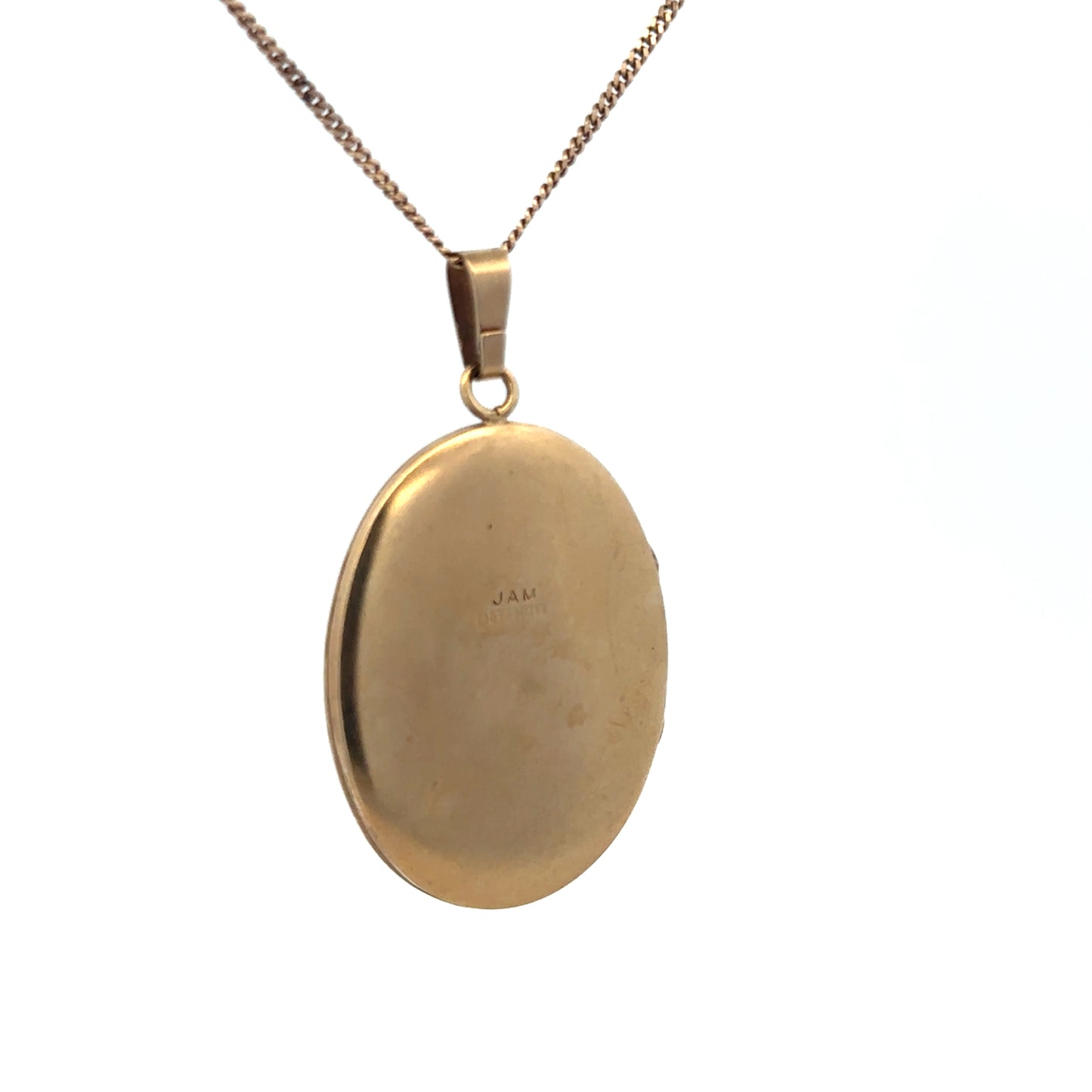 9ct yellow gold locket pendant by Reeves and Sons, 5.4g, featuring a detailed design, shown close-up.