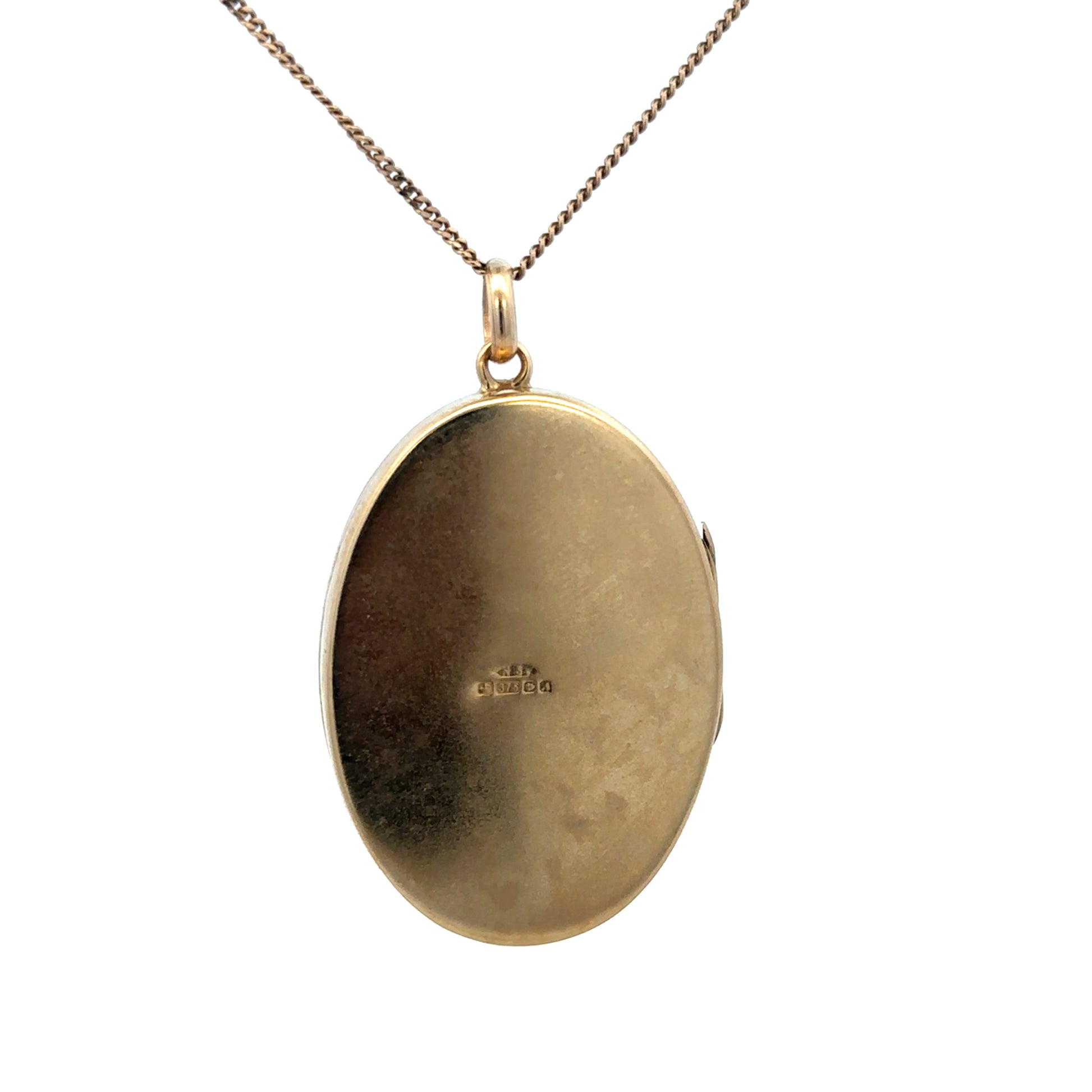 9ct yellow gold locket pendant by Reeves and Sons, showcasing a detailed, polished gold design with a secure bail.