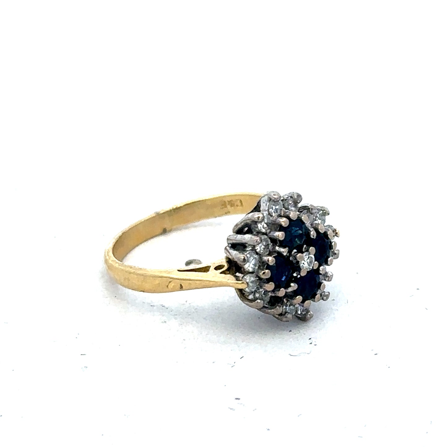 18ct yellow gold diamond and sapphire ring with intricate detailing, size H, crafted by Reeves and Sons.