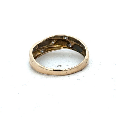9ct yellow gold diamond ring in size P with sparkling diamonds, crafted by Reeves and Sons, displayed on a plain background.