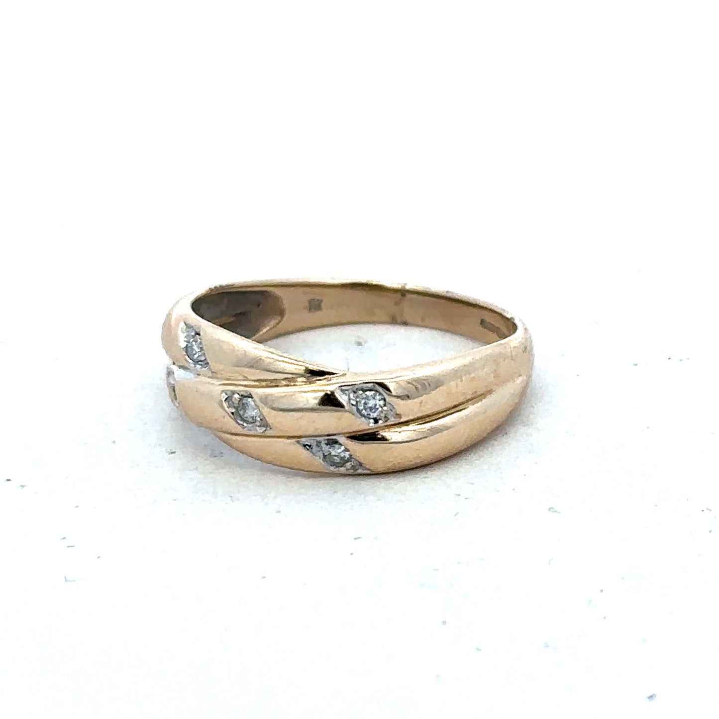 9ct yellow gold diamond ring in size P with sparkling diamonds, elegant jewelry piece by Reeves and Sons.