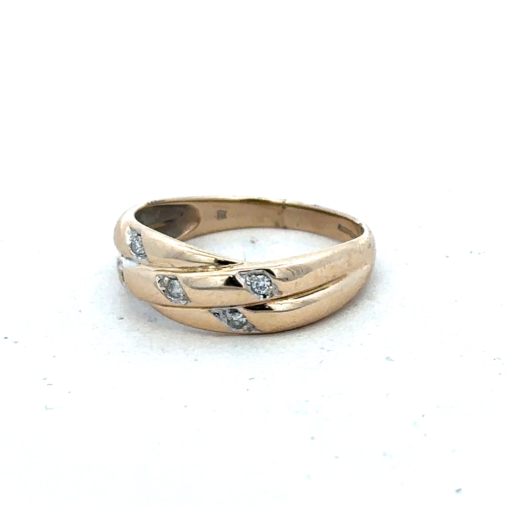 9ct yellow gold diamond ring in size P with sparkling diamonds, elegant jewelry piece by Reeves and Sons.