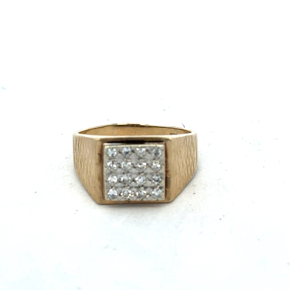 9ct yellow gold diamond signet ring in size V with engraved design, crafted by Reeves and Sons.
