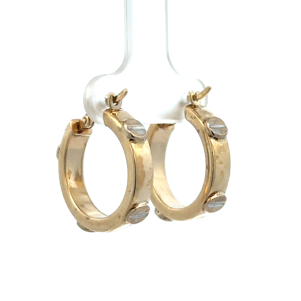 9ct yellow gold hoop earrings weighing 2.9g by Reeves and Sons, close-up of the shiny, circular earrings on a white background.