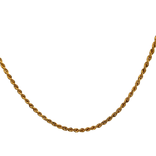 9ct yellow gold rope chain with a polished finish, weighing 5.7g, from Reeves and Sons.