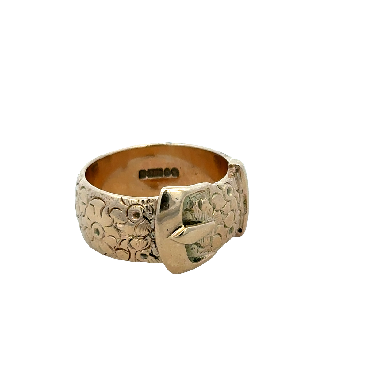 9ct yellow gold buckle ring in size T1/2 with Reeves and Sons branding, featuring a polished gold finish and detailed buckle design.