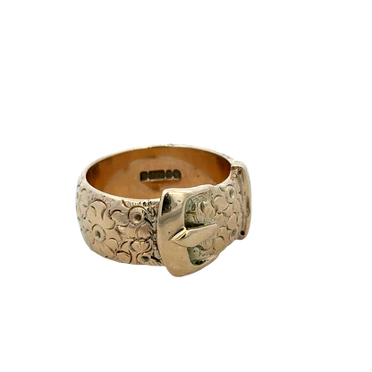 9ct yellow gold buckle ring in size T1/2 with Reeves and Sons branding, featuring a polished gold finish and detailed buckle design.
