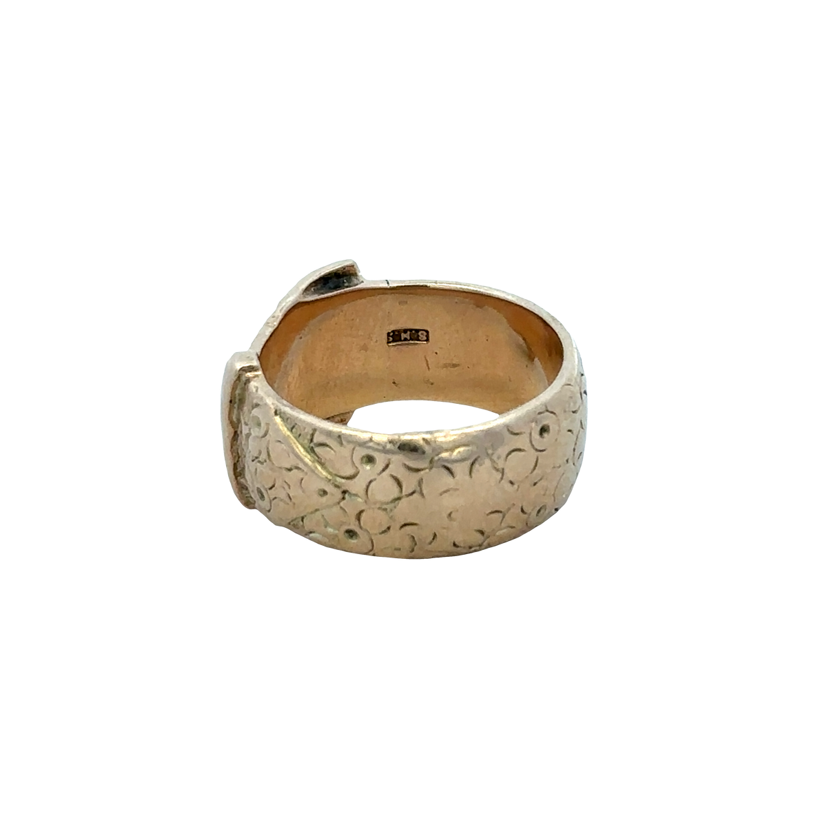9ct yellow gold buckle ring in size T1/2 with Reeves and Sons branding, featuring a polished gold finish and buckle design.