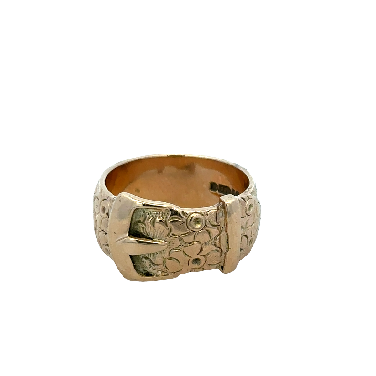 9ct yellow gold buckle ring in size T1/2, Reeves and Sons, featuring a polished gold finish and adjustable buckle design.