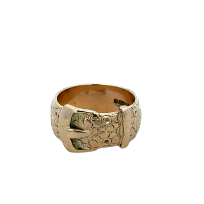 9ct yellow gold buckle ring in size T1/2, Reeves and Sons, featuring a polished gold finish and adjustable buckle design.