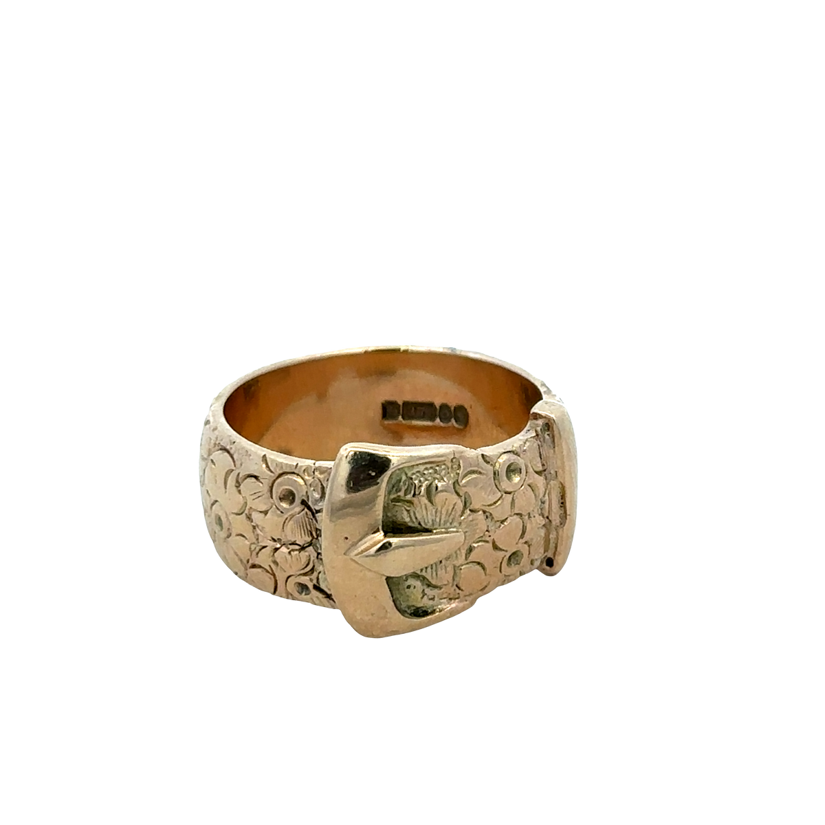 9ct yellow gold buckle ring size T1/2 by Reeves and Sons, detailed close-up showing polished finish and elegant design.
