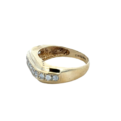 9ct yellow gold ring size U1/2 with engraved design, handcrafted by Reeves and Sons, shown on a plain background.