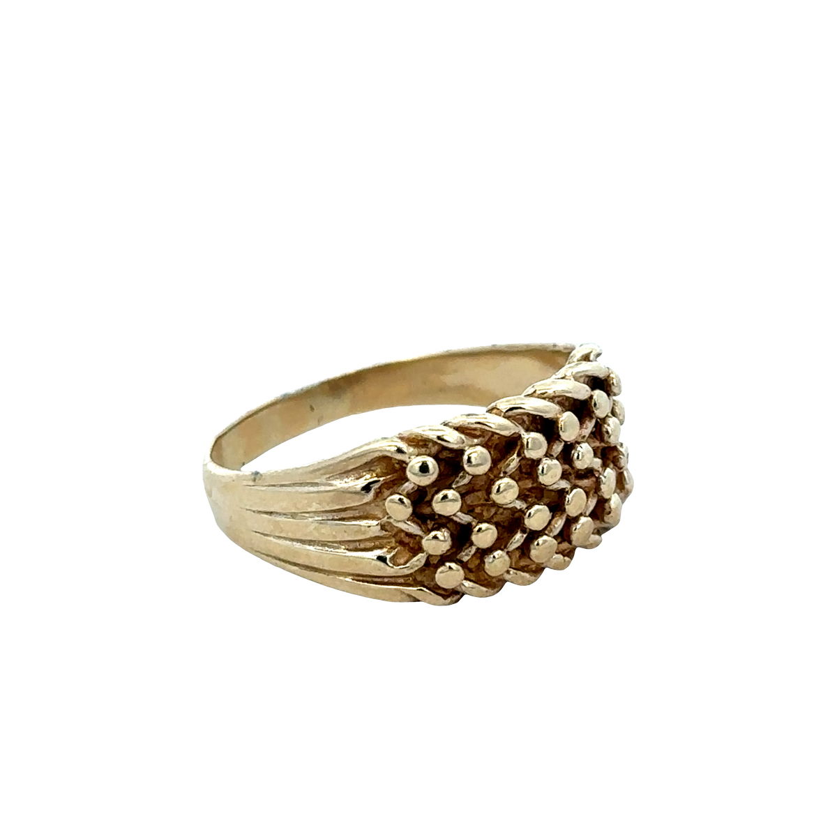 9ct yellow gold keeper ring in size W1/2 with engraved design, crafted by Reeves and Sons.