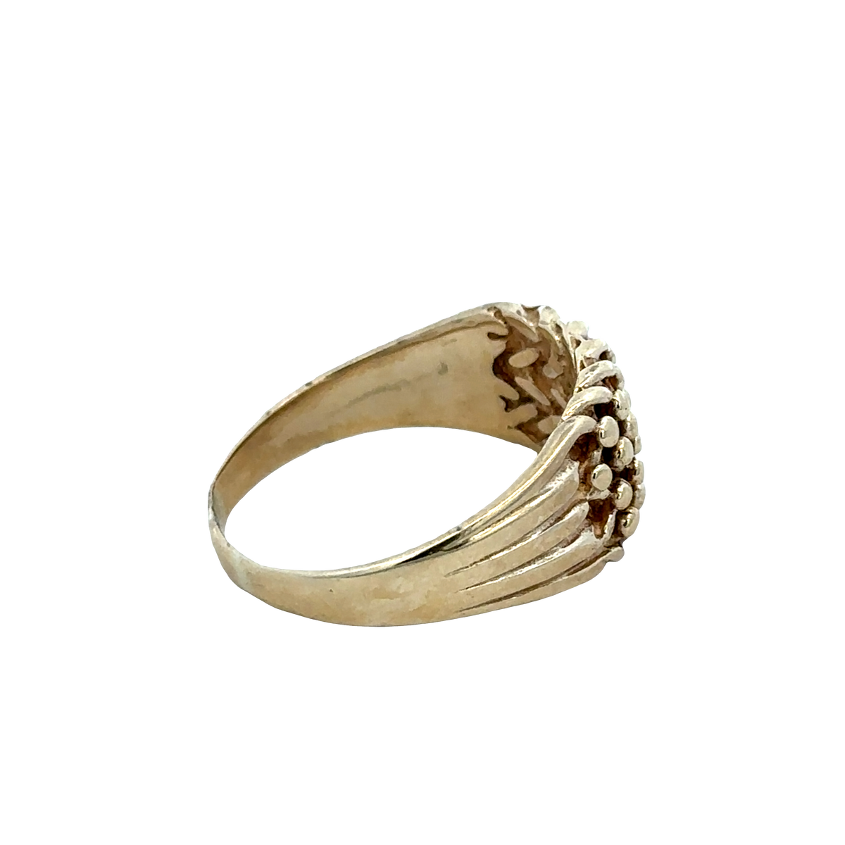 9ct yellow gold keeper ring in size W1/2 with engraved details, crafted by Reeves and Sons