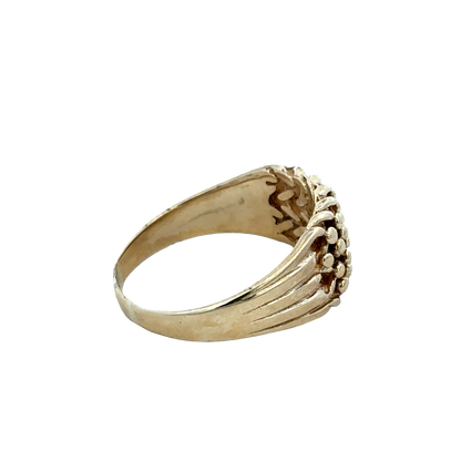 9ct yellow gold keeper ring in size W1/2 with engraved details, crafted by Reeves and Sons