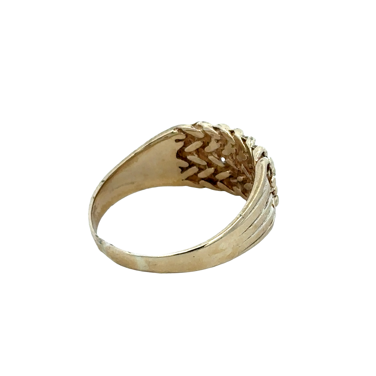 Reeves and Sons 9ct yellow gold keeper ring in size W1/2, featuring a polished band and secure fitting design.