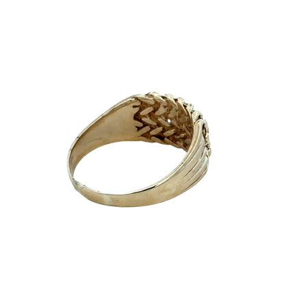 Reeves and Sons 9ct yellow gold keeper ring in size W1/2, featuring a polished band and secure fitting design.