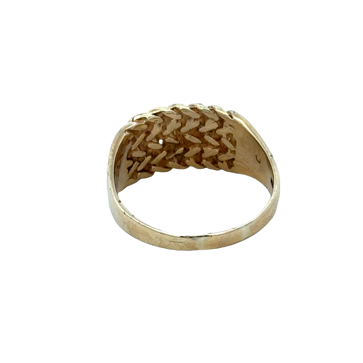 9ct yellow gold keeper ring size W1/2 by Reeves and Sons, detailed close-up of the elegant gold band.