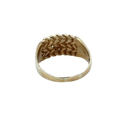 9ct yellow gold keeper ring size W1/2 by Reeves and Sons, detailed close-up of the elegant gold band.