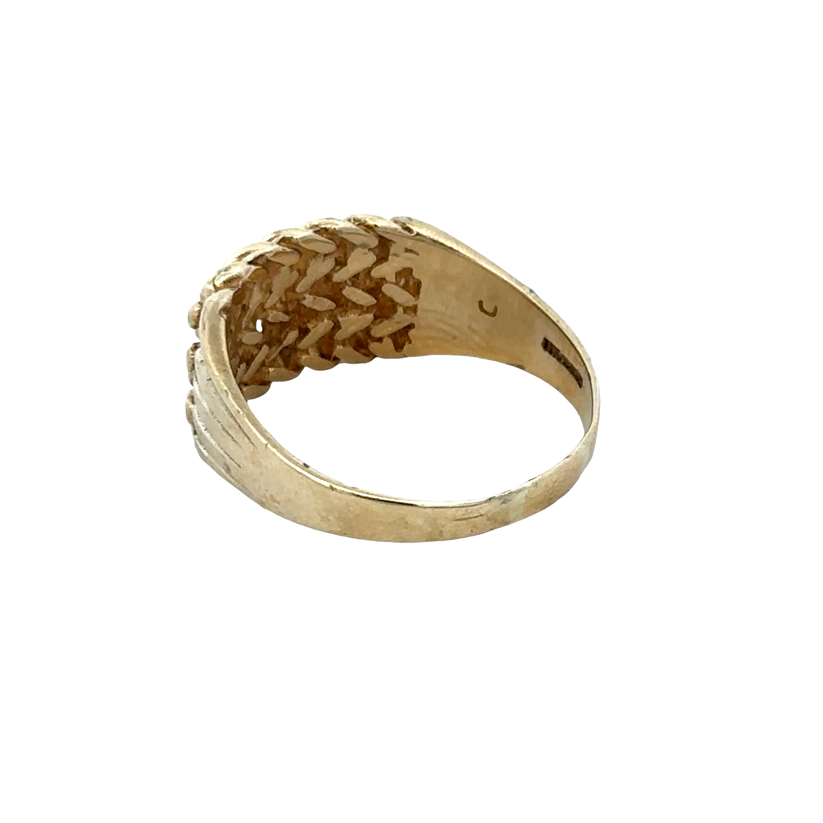 9ct yellow gold keeper ring size W1/2 featuring a polished band and decorative design by Reeves and Sons.