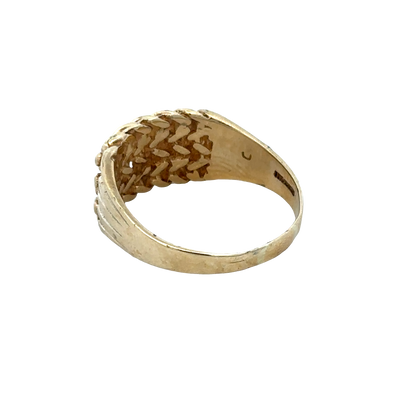 9ct yellow gold keeper ring size W1/2 featuring a polished band and decorative design by Reeves and Sons.