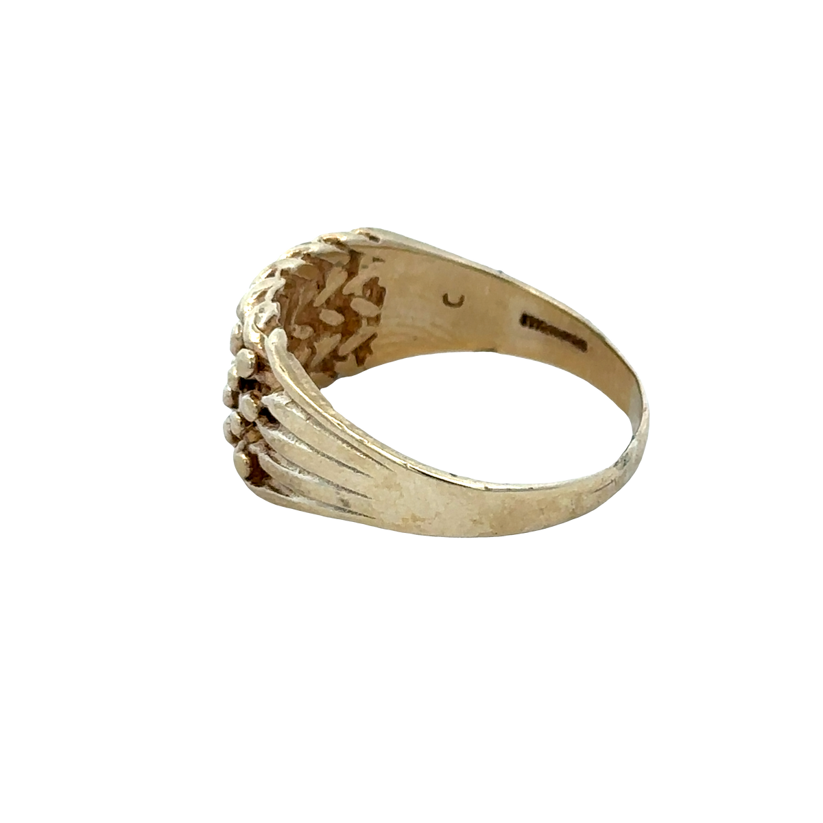 9ct yellow gold keeper ring size W1/2 with engraved design, crafted by Reeves and Sons, shown from a side angle.