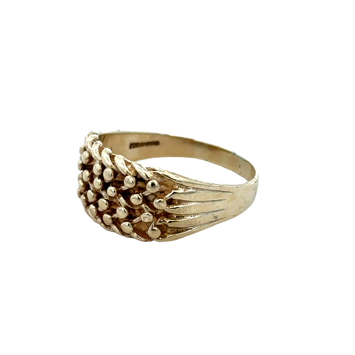 9ct yellow gold keeper ring in size W1/2 with engraved design, crafted by Reeves and Sons, shown close-up image.