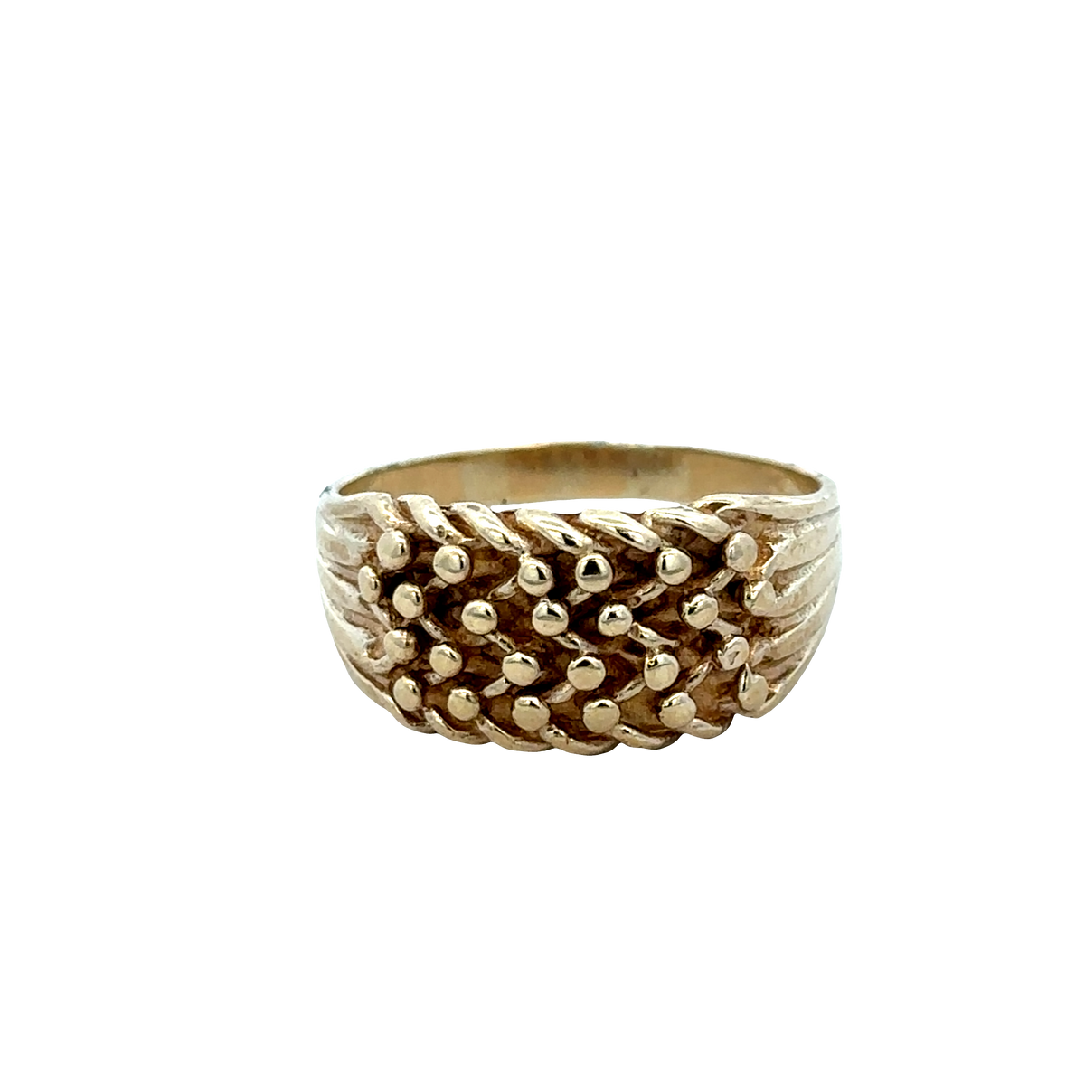 9ct yellow gold keeper ring size W1/2 by Reeves and Sons, detailed close-up showing polished gold finish and engraved hallmark.