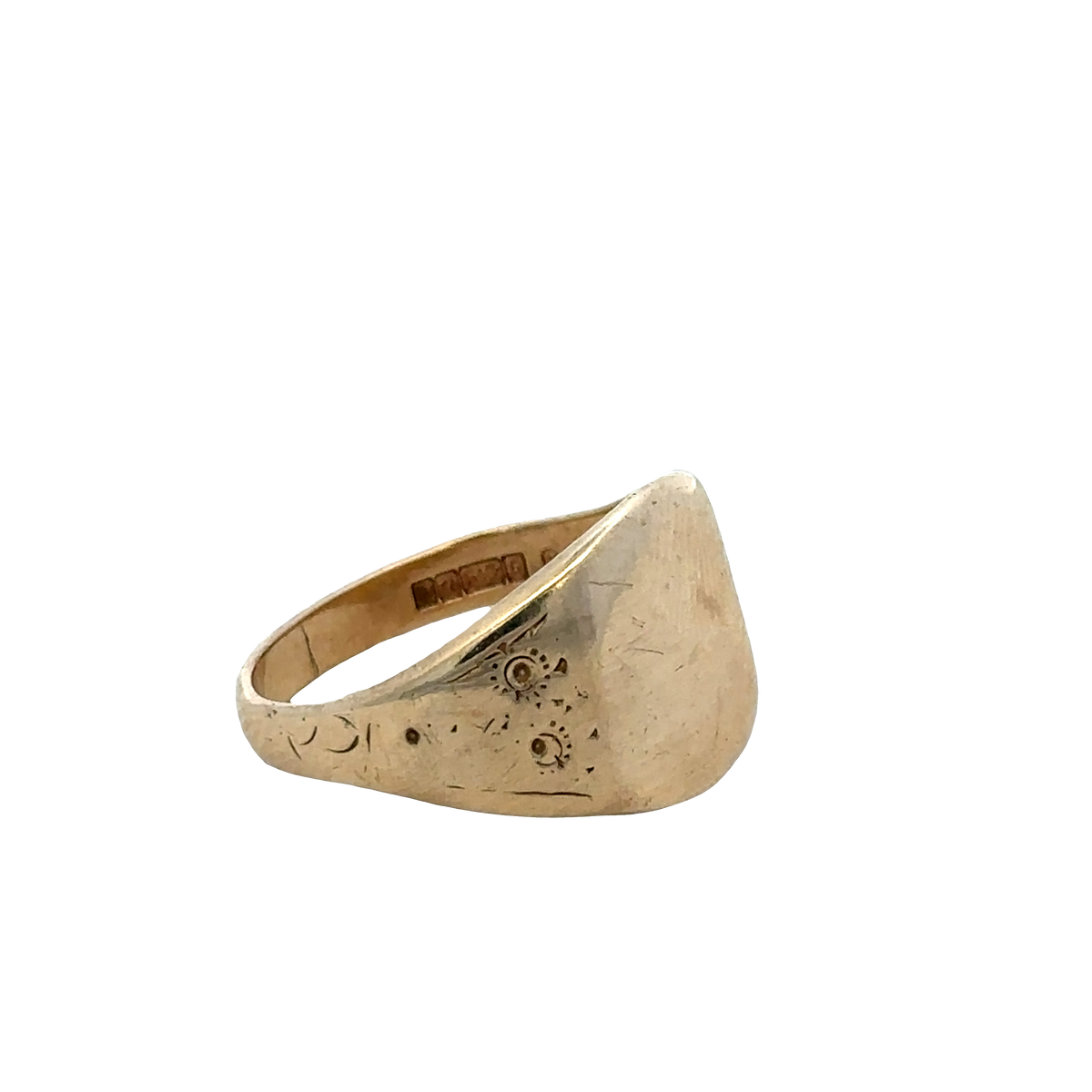 9ct yellow gold signet ring in size V with engraved face, crafted by Reeves and Sons, showcasing classic jewelry design.