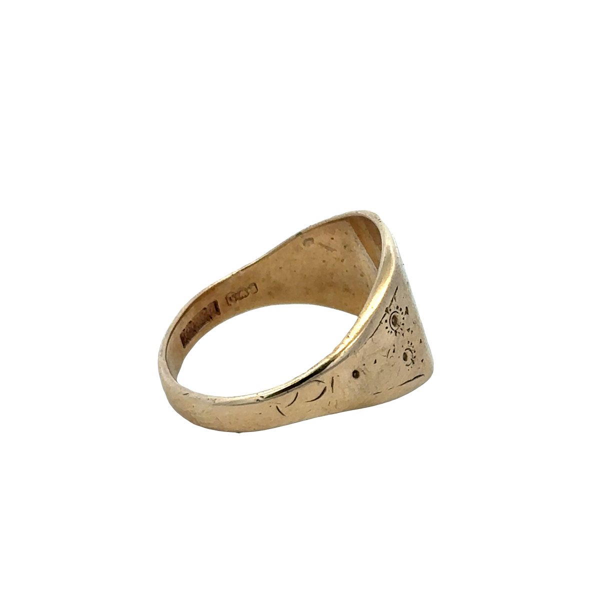 9ct yellow gold signet ring in size V with engraved surface, crafted by Reeves and Sons.