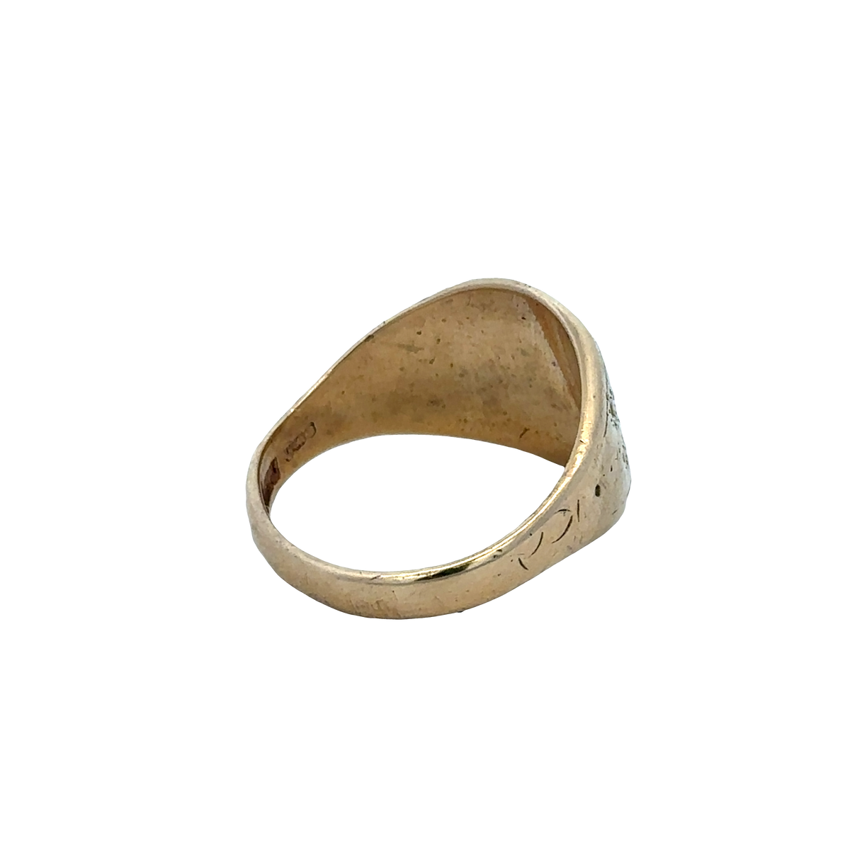 9ct yellow gold signet ring in size V with engraved flat face, by Reeves and Sons, showcasing a polished finish and classic design.