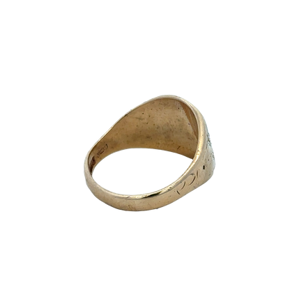 9ct yellow gold signet ring in size V with engraved flat face, by Reeves and Sons, showcasing a polished finish and classic design.