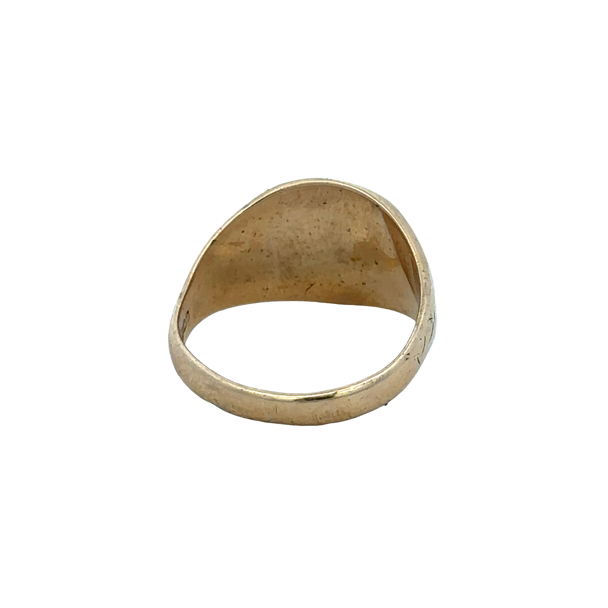 9ct yellow gold signet ring in size V by Reeves and Sons, featuring a smooth polished surface and classic design.