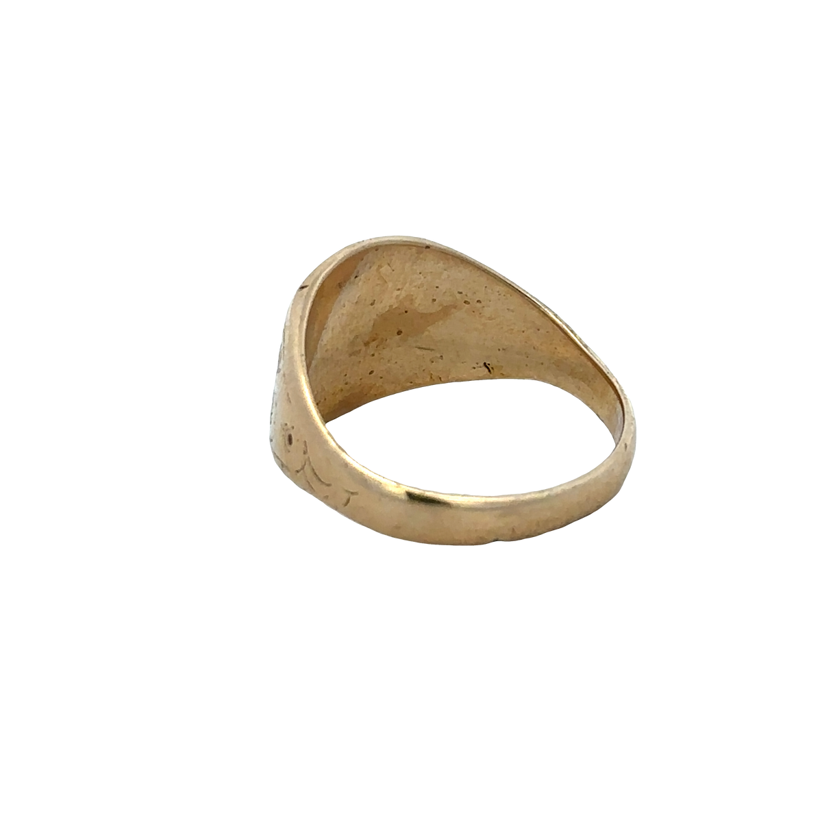 9ct yellow gold signet ring in size V with a smooth, polished finish, crafted by Reeves and Sons.