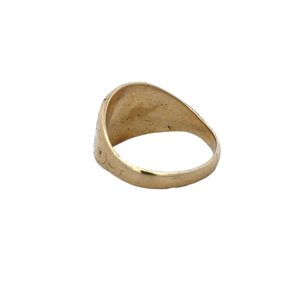 9ct yellow gold signet ring in size V with a smooth, polished finish, crafted by Reeves and Sons.