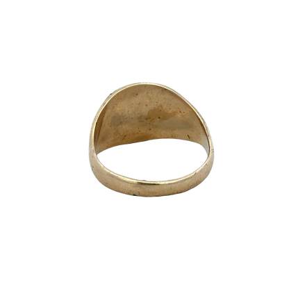 9ct yellow gold signet ring in size V with smooth polished finish, crafted by Reeves and Sons.