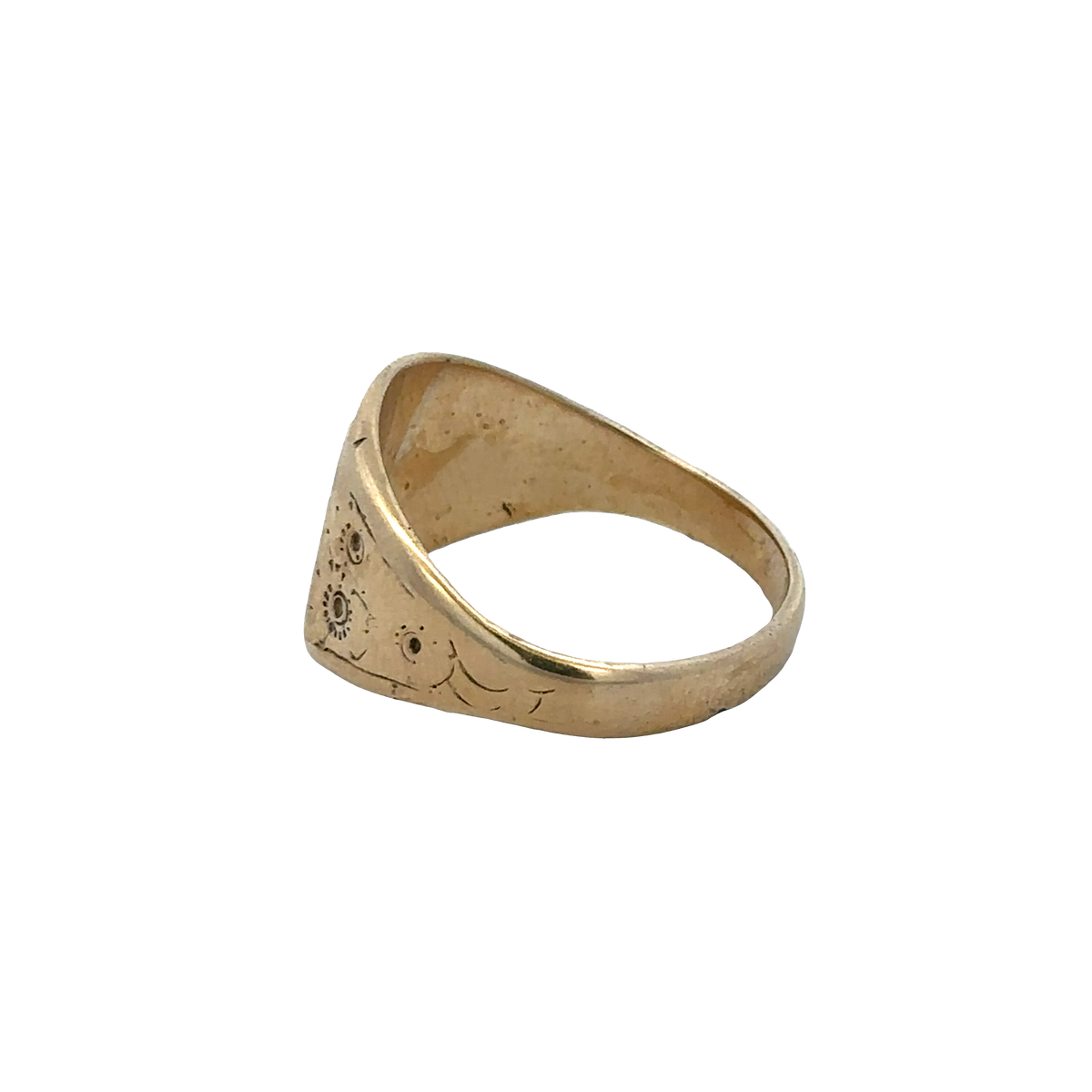 9ct yellow gold signet ring in size V with smooth polished surface, crafted by Reeves and Sons.