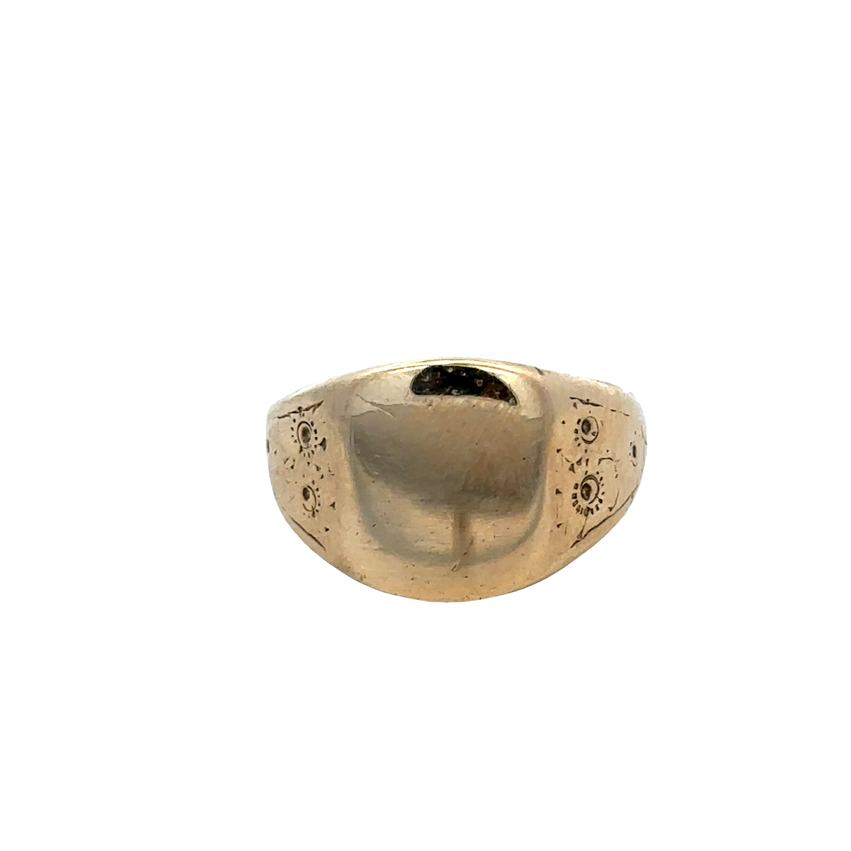 9ct yellow gold signet ring in size V with smooth polished surface, crafted by Reeves and Sons.