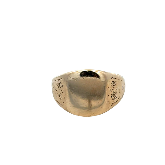 9ct yellow gold signet ring in size V with smooth polished surface, crafted by Reeves and Sons.