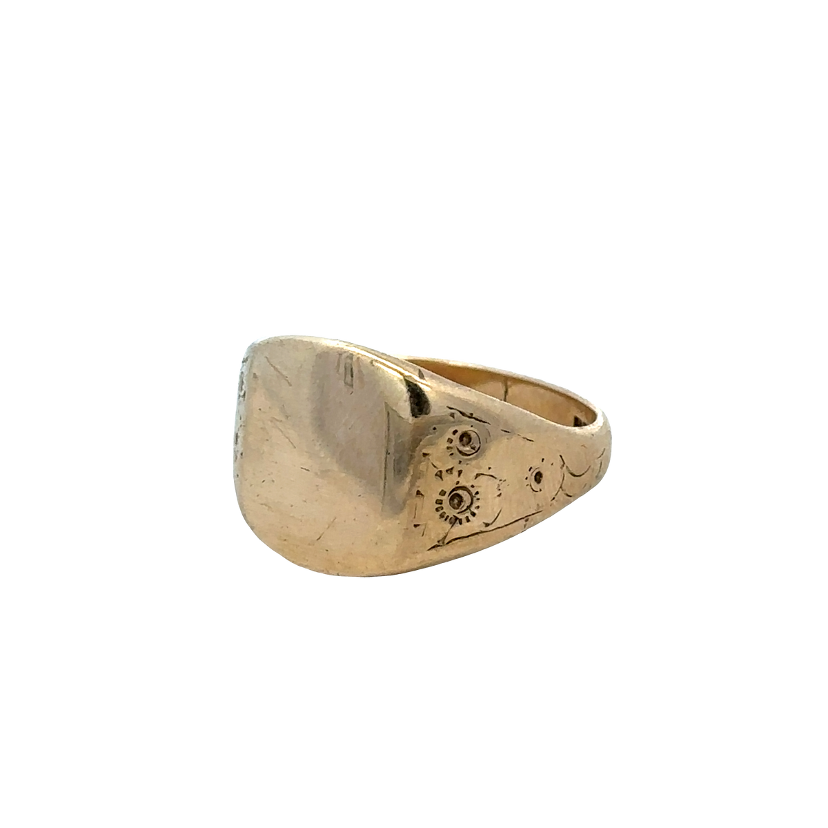 9ct yellow gold signet ring in size V with engraved design, crafted by Reeves and Sons, displayed on a neutral background.